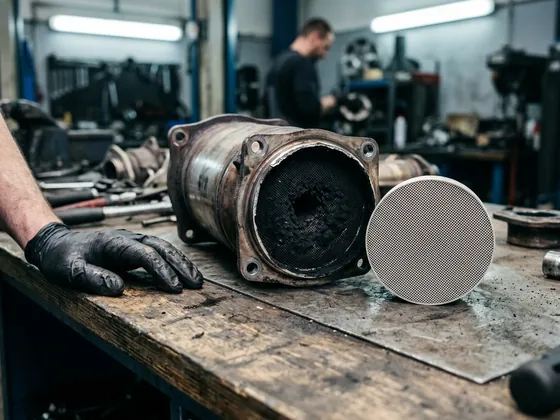 Ausgebauter Dieselpartikelfilter mit verrußter Wabe auf der Werkbank, daneben ein sauberer Filtereinsatz