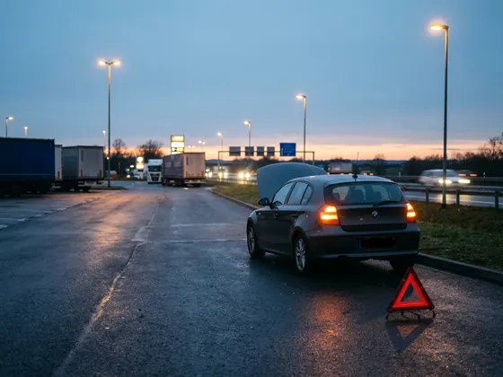 Liegengebliebenes Auto mit Warnblinker und Warndreieck auf dem Parkplatz eines Autohofs an der Autobahn, abends